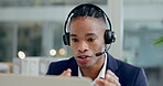 Man, laptop and consulting in call center for customer service, advisory and IT questions. Face, african salesman and computer at help desk in CRM agency for telecom support, FAQ and telemarketing 