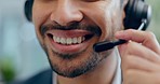 Mouth, man and telemarketing agent for customer service, advisory help and CRM questions in call center. Closeup, face and happy salesman with microphone for solution, telecom support and FAQ contact