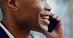 Smile, talking and closeup of a black man on a phone call for contact, networking or business. Happy, speaking and mouth of an African employee or businessman in conversation on a mobile for work