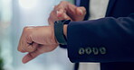 Smart watch, hands and scroll on internet, online app and electric accessory in office lens flare. Wrist, time tech and business person networking, social media and digital website on clock closeup