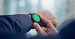 Technology mockup, green screen or businessman with smartwatch on arm for wellness alert. Closeup, digital space or entrepreneur with app to check time, online schedule update or message notification