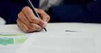 Business people, hands and meeting for signature on paper, contract and partnership agreement in office. Closeup, employees and writing with pen for legal deal, review documents or negotiation policy