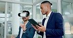 Business men, virtual reality and test in office for metaverse developer, coding and planning. Programming partnership, ar vision and team goal for 3d user experience, scroll and click ui with tablet