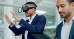 Business men, virtual reality glasses and together with metaverse development, coding and planning. Programming partnership, futuristic ar vision or teamwork for 3d ux, scroll or learning with tablet