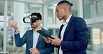 Business men, virtual reality glasses and test for metaverse development, coding or planning. Programming partnership, ar vision and teamwork for 3d user experience, scroll and learning with tablet