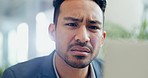 Business man, computer and upset or mistake in office or reading email, internet or notification. Face of angry and confuse asian entrepreneur person and technology with fail, bad feedback or website