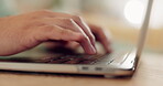 Laptop keyboard, hands and person typing website research, freelance blog or search internet, web or social network. Work from home, closeup and remote freelancer working on article, story or editing
