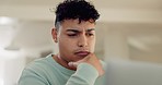 Young man, thinking and laptop in home office for vision, ideas or analysis for freelance copywriting. Entrepreneur, computer and brainstorming for typing, report or planning proposal for remote work