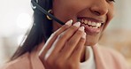 Call center, microphone or mouth of happy woman in communication or talking at crm or customer service. Closeup of smile, CRM or friendly sales agent consulting at telemarketing of tech support 
