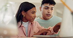 Laptop, internet and happy with a couple chatting in the living room of their home together for planning. Computer, online shopping or ecommerce with a young man and woman talking about a payment