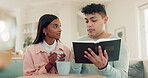 God, religion and a couple reading the Bible in their home together to study the Christian faith. Book, worship or faith with a man and woman learning about Jesus or spirituality in the living room