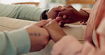 Couple, hope and holding hands for support, love or care of gratitude, empathy or praying. Closeup of man, woman or touch hand of partner in loyalty, commitment or kindness of faith, trust or forgive