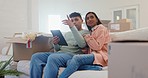 Couple on sofa with boxes, tablet and smart home for security, automation and heating in apartment while moving. Future technology, man and woman on couch, digital app and online control of new house