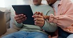 Hands of couple on sofa, tablet and smart home for security, automation and heating in new house. Future technology, man and woman on couch with digital app for control of online apartment management