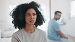 Frustrated couple, fight and conflict in divorce, argument or disagreement on bed at home. Sequence of interracial man and woman in breakup, dispute or toxic relationship and cheating affair in house