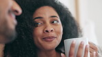 Coffee, morning and funny couple laughing at joke together in the morning in a home bedroom as bonding. Love, care and woman with man for romance and to relax with fresh cup of tea or espresso