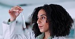 Lab scientist, test tube and woman doing chemical analysis,  biotechnology research or pharmaceutical vaccine development. Science laboratory, chemistry experiment and person study liquid solution