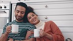 Drink, coffee and portrait of couple in kitchen together to relax with conversation, communication or bonding with beverage. Drinking, tea or people with hot chocolate in home on weekend or holiday