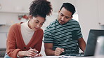 Couple, documents and planning on laptop with home bills, budget and financial application, loan or taxes. Woman and man writing on paperwork for mortgage, rent payment and registration on.computer