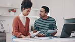 Couple, stress and debt documents, laptop and bills, rent payment and home crisis, budget risk or planning. Young man and woman talking, angry and confused for mortgage, taxes or finance on computer