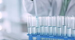 Lab scientist, test tube and person doing chemical extraction, medicine innovation or fluid investigation, study or process. Science experiment, closeup equipment or person working on liquid solution