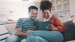 Happy couple on sofa with tablet, laughing at social media meme or funny internet video in home together. Relax, man and woman on couch browse, checking online post or joke on website on digital app.