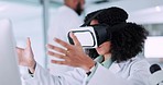 Woman, scientist and VR or futuristic glasses for healthcare software, metaverse and 3d laboratory in digital experience. Medical worker or doctor hands in virtual reality, science research or vision