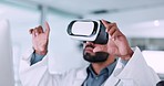 Scientist, VR and science glasses for laboratory software, healthcare metaverse and 3d software or digital experience. Medical man or doctor hands in virtual reality, medicine research and vision