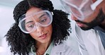 Scientist, teamwork and tablet in research safety, vaccine results and bacteria, virus or biotechnology training. Medical team, doctors or science people on digital software and glasses in laboratory