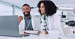 Scientist, teamwork and laptop, documents and planning for laboratory report, research and support or training. Science or medical people talking of vaccine solution on computer and online results