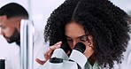 Scientist, tablet and microscope for laboratory research, data analysis and pharmaceutical development or medical study. Professional science people on digital technology and lens check for particles