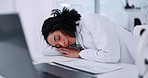 Burnout, stress and woman doctor with headache on desktop computer lay on company desk to destress from brain fog. Business professional, sick and fatigue with migraine by patient diagnosis and work