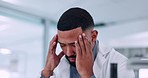 Scientist, pain and headache on computer research, planning and data analysis, fatigue and healthcare risk. Medical, science man or doctor with stress or tired for online vaccine report in laboratory