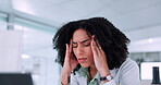 Scientist, stress and headache on computer research, planning and data analysis, fatigue and healthcare risk. Medical, science woman or doctor pain and tired for online vaccine report in laboratory