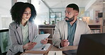 Business people, tablet and laptop for collaboration, marketing research and multimedia results or data training. African woman and man for teamwork or support on digital tech and computer in office