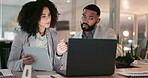 Business people, tablet and laptop for teamwork in marketing research, multimedia results and data analytics at night. Professional african woman and man on digital technology and computer in office