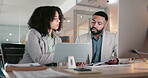 Business people, teamwork and tablet or documents for marketing research, multimedia results and data analytics at night. African woman and man with report, digital technology and computer in office