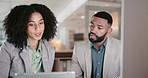 Business people, teamwork and tablet or computer for marketing research, multimedia results or data analytics at night. Professional african woman and man on digital technology and desktop in office