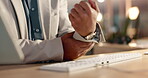 Business man, computer keyboard and wrist pain in office with injury or discomfort from typing. Hands of frustrated entrepreneur person at desk with technology and carpal tunnel syndrome or burnout