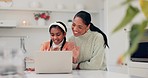 Online, wave and laptop with child and video call for conversation and mother in kitchen. Elearning, computer and happy girl with smile from digital webinar, development and web class in family home