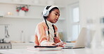 Headphones, thinking and child with a laptop at home for e learning, education and online quiz. Young student girl kid with a pen and technology for internet question, school work and development