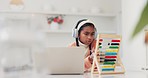 Online, abacus and laptop with child and headphones for learning and math homework. Elearning, computer and happy girl with smile from digital studying, virtual development and web class in a home