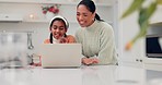 Online, greeting wave and laptop with child and video call for conversation and mother in kitchen. Elearning, computer and happy girl with smile from digital webinar and web class in family home