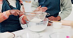 Cooking, help and hands of mother and daughter in kitchen for cookies, baking or learning. Food, love and support with closeup of people and flour in family home for dessert, recipe or pastry