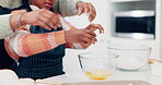 Cooking, breakfast and hands of mother and daughter in kitchen for teaching, helping or learning. Food, love and support with closeup of people and eggs in family home for dessert, recipe or pastry