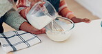 Cooking, food and hands of mother and daughter in kitchen for cookies, helping or learning. Breakfast, love and support with closeup of people and baking in family home for dessert, recipe or pastry