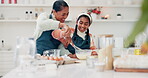 Cooking, baker and mother and daughter in kitchen for cookies, helping or learning. Food, love and support with  woman and young with whisk in family home for dessert, recipe or pastry together