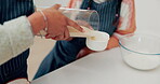 Cooking, sugar and hands of mother and daughter in kitchen for cookies, helping or learning. Food, love and support with closeup of people in family home for dessert, recipe or breakfast together