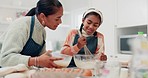 Help, talking and mother and child baking in the kitchen for food, cooking and learning together. Family, house and a young mom teaching a girl kid for breakfast, lunch or a dessert with conversation