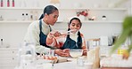 Cooking, breakfast and pancakes with mother and daughter in kitchen for cookies, helping or learning. Food, love and support with woman and young girl in family home for dessert, recipe or pastry